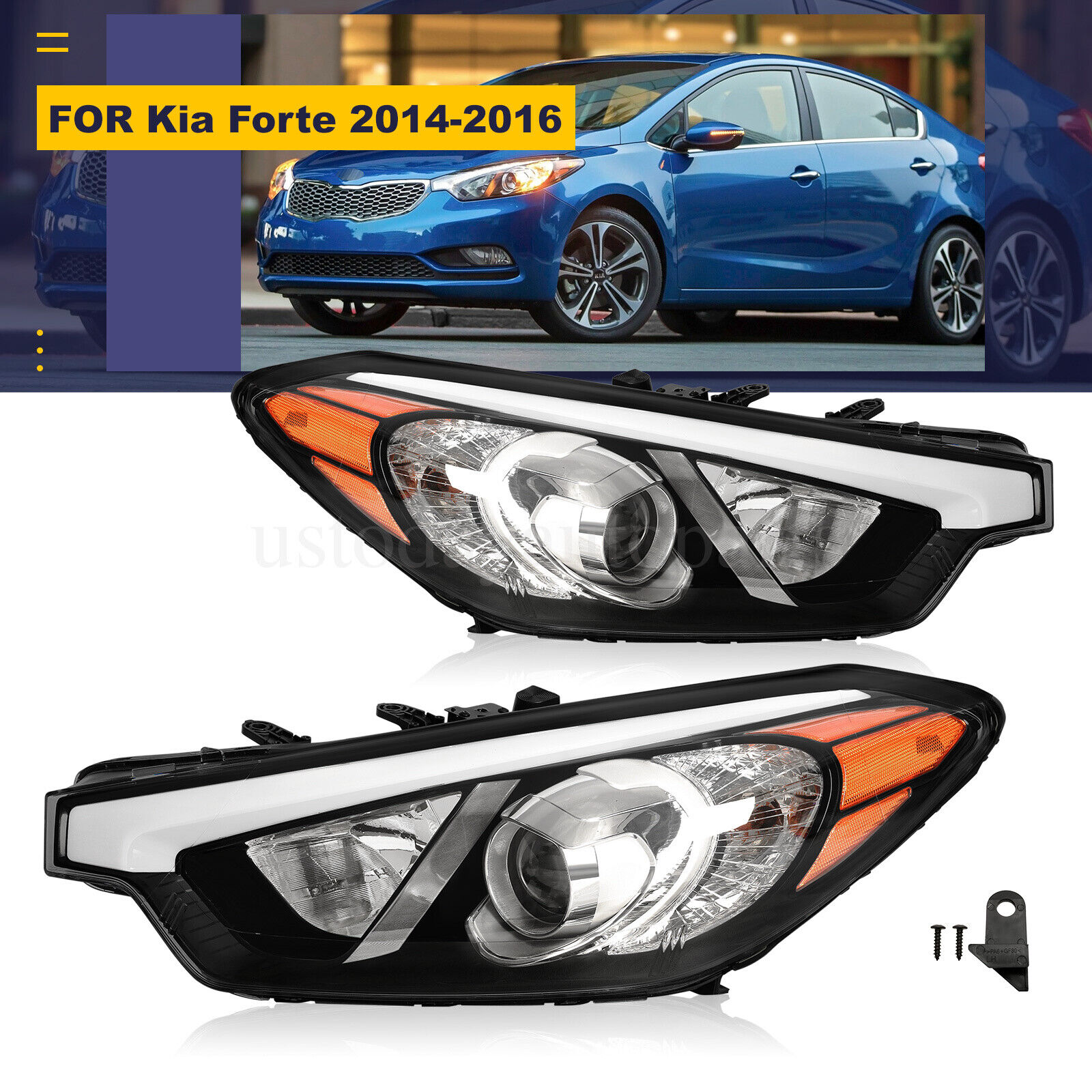 Headlights Pair For 2014 2015 2016 Kia Forte Left+Right Halogen Headlamps No LED
