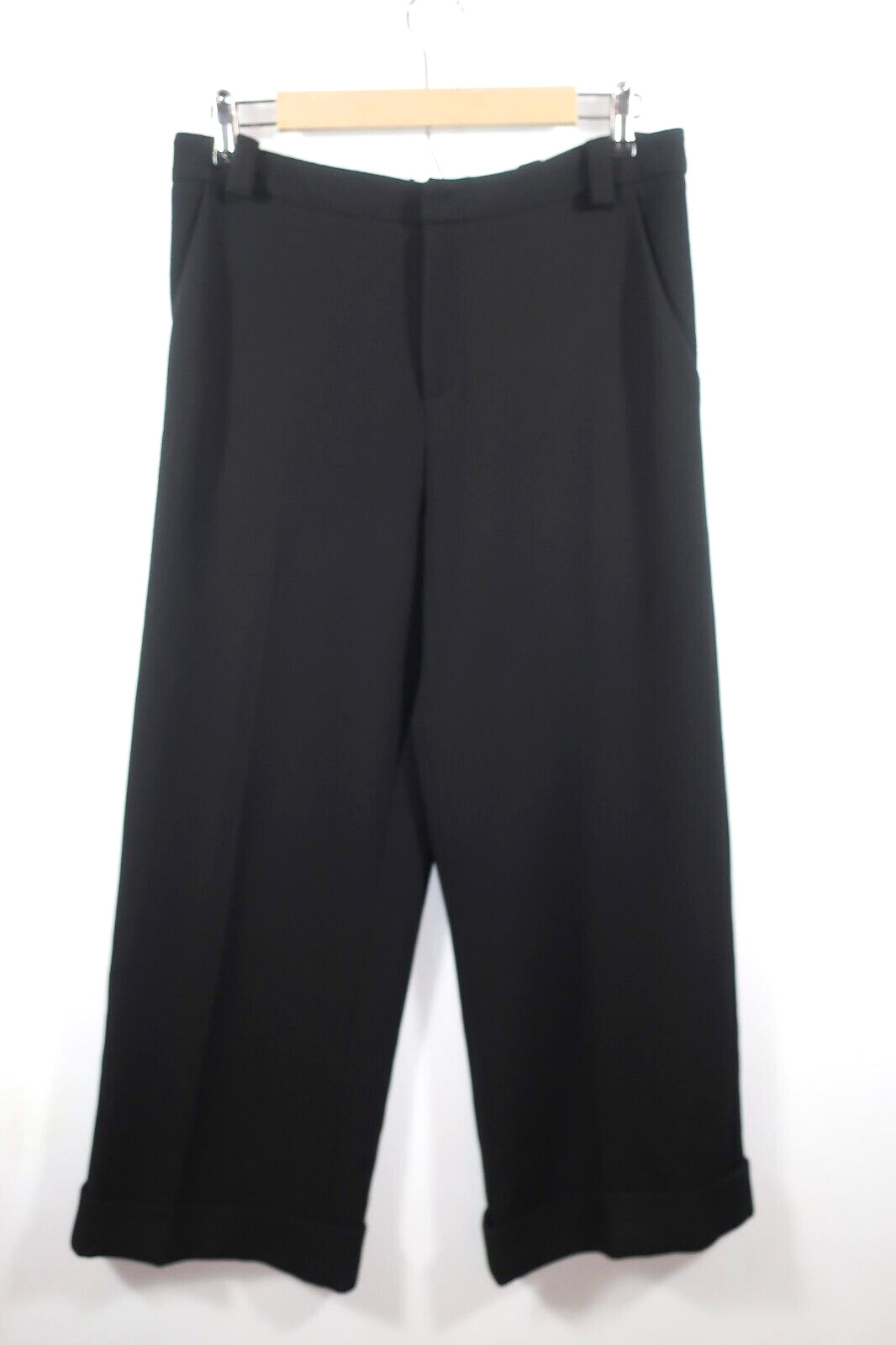 Roland Mouret Black Crepe Wide Leg Pants Wool Silk Lining Cuffed Crop Size 8 10