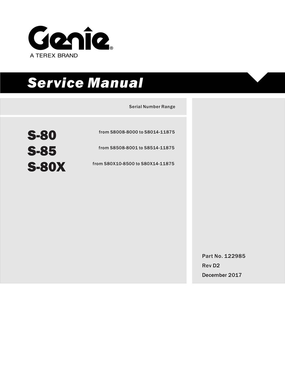 Terex Genie S-80, S-80X, S-85 Boom Lift Service Manual New