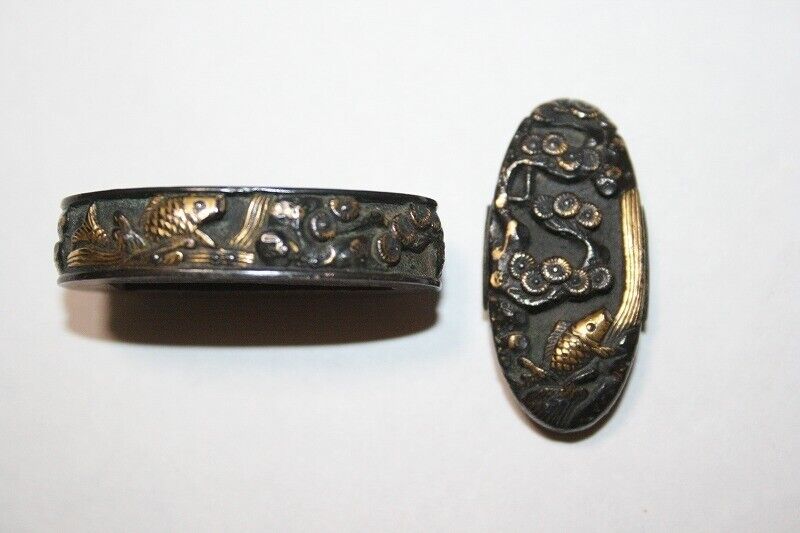 Fuchi Kashira Tsuba Highly Engraved with Gold Inlay Bronze Pommel and Stopper JP