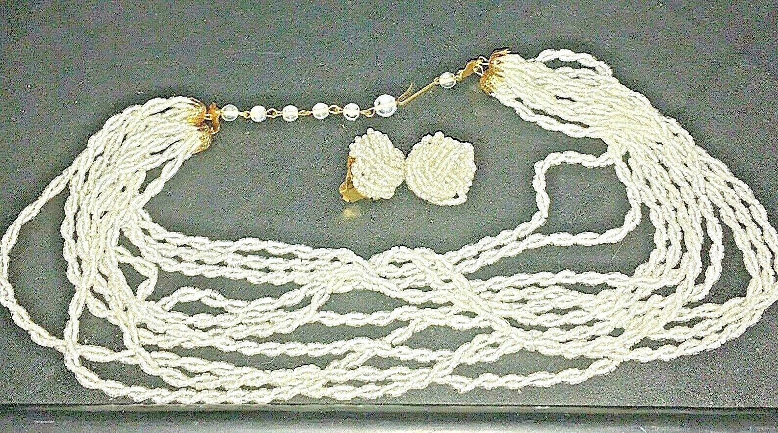 Vntg/Antq white seed beads necklace/clip earrings art glass - multi+++ strands