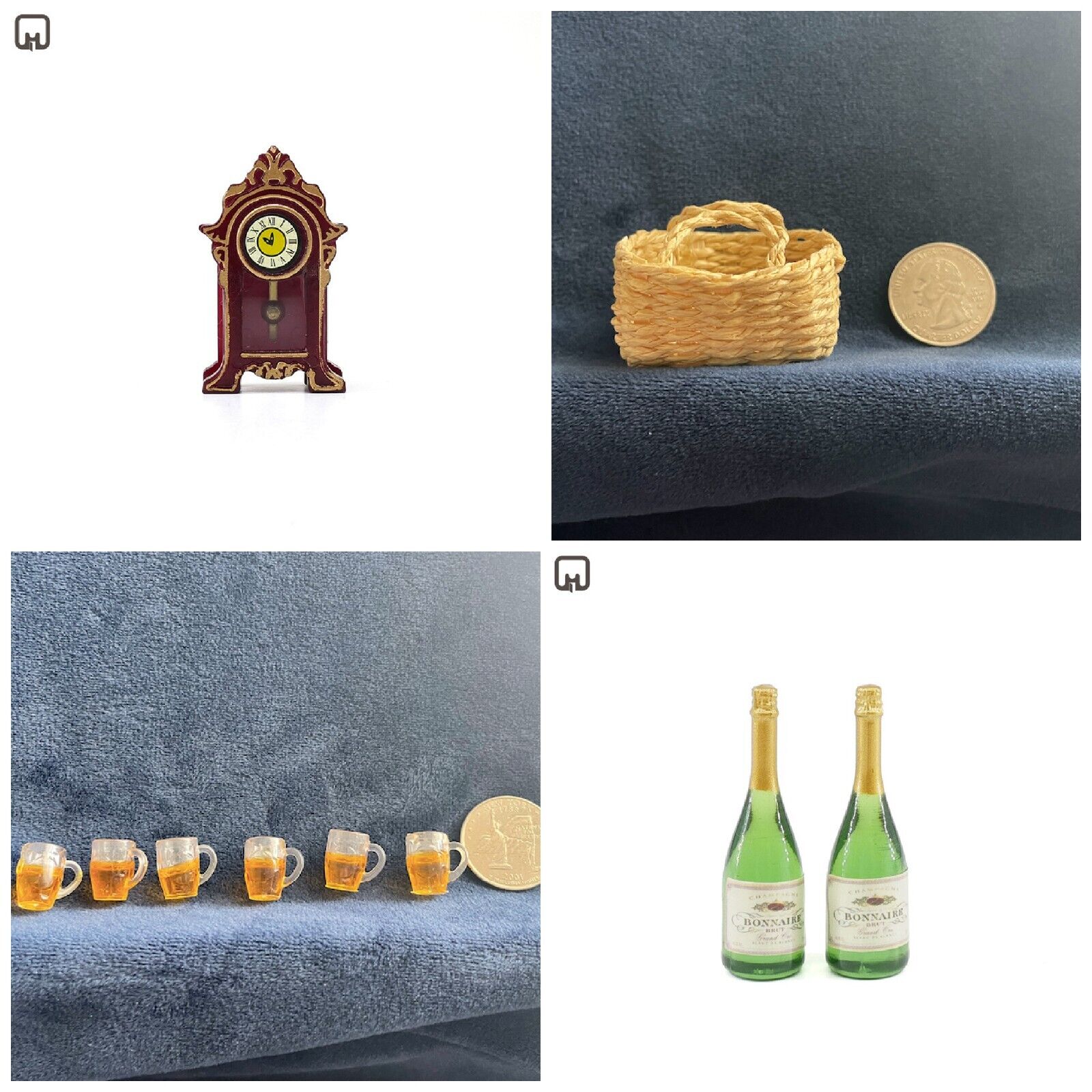 (Lot 4) 1:12 scale dollhouse mini accessories dome clock beer mug champagnes