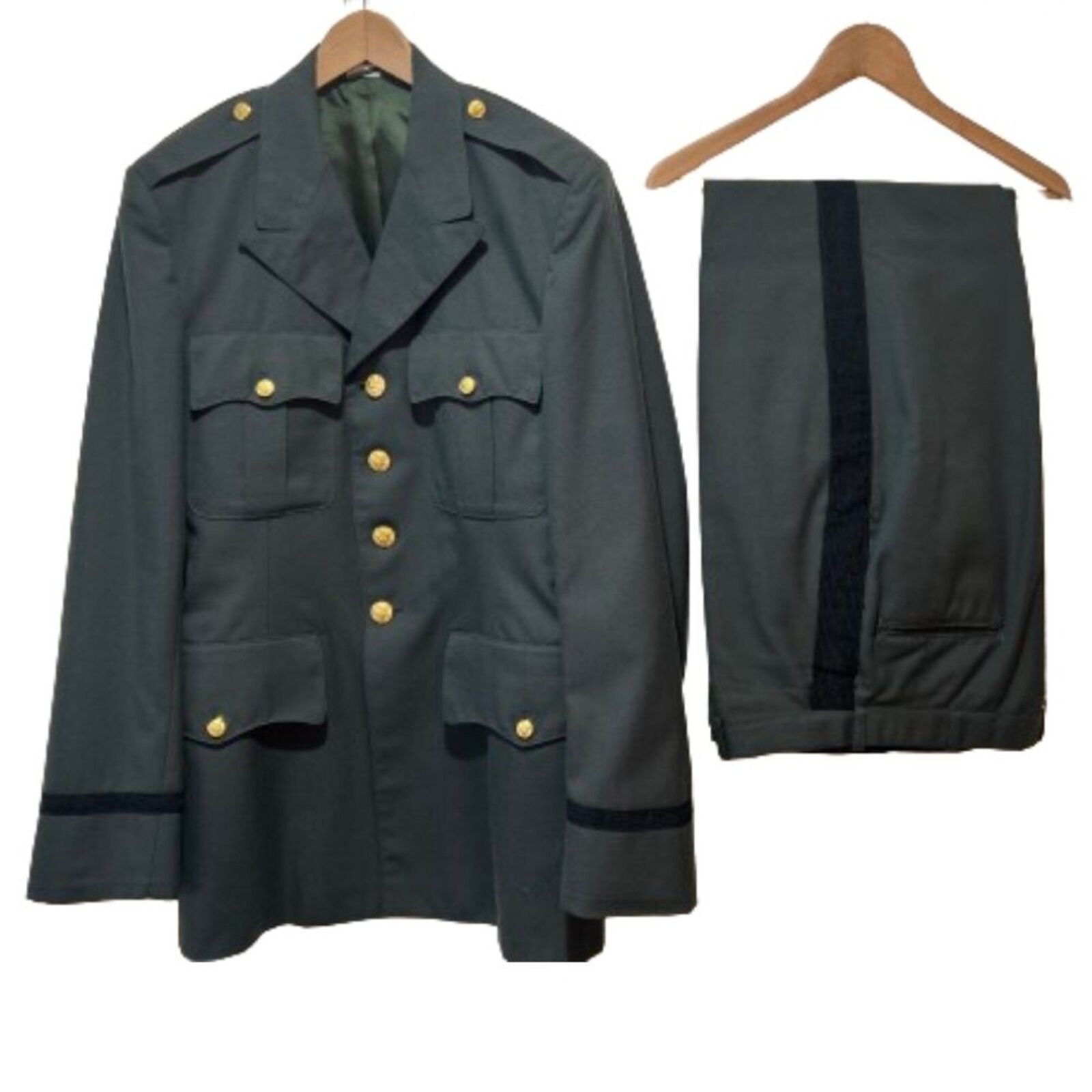 Vintage Military US Army Uniform Green Wool Jacket Coat & Pant Suit & Two Badges