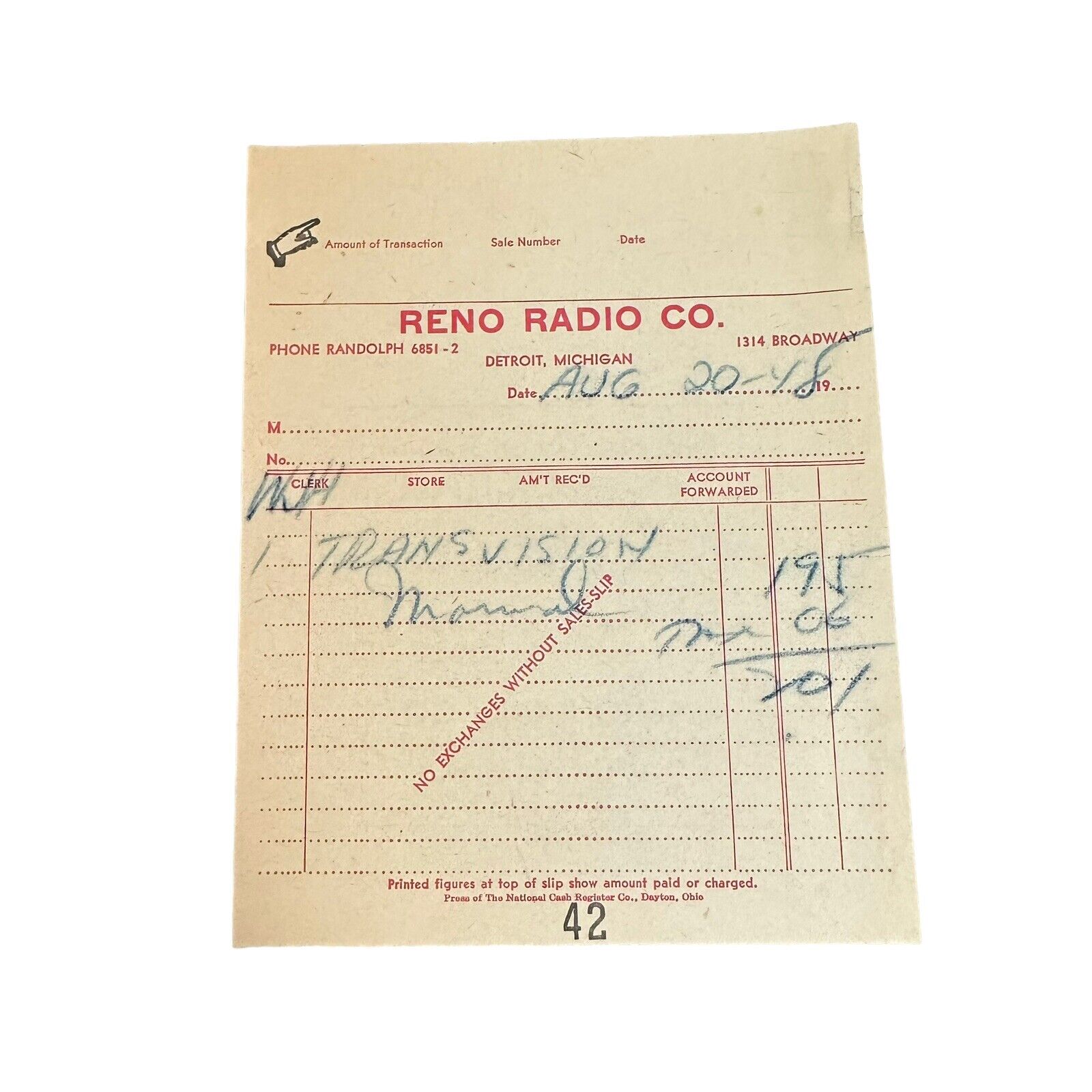 1940s Reno Radio Co Sales Receipt Invoice Detroit Michigan Transvision Vintage