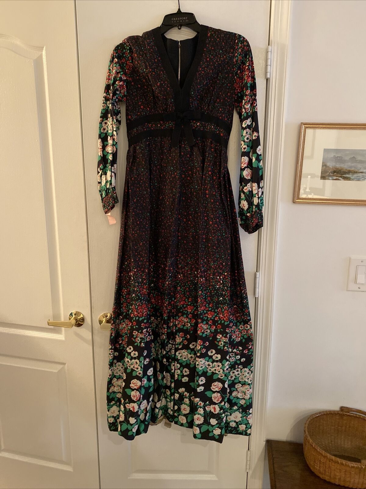 Shannon Rodgers/Jerry Silverman Black Cotton Gown with Green/White Floral Spray