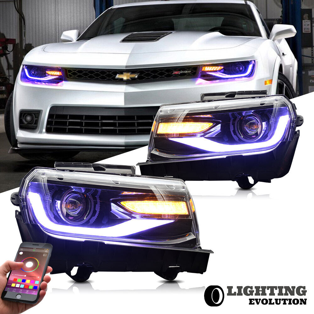 For 2014 2015 Chevy Chevrolet Camaro RGB LED Projector Headlights Sequential