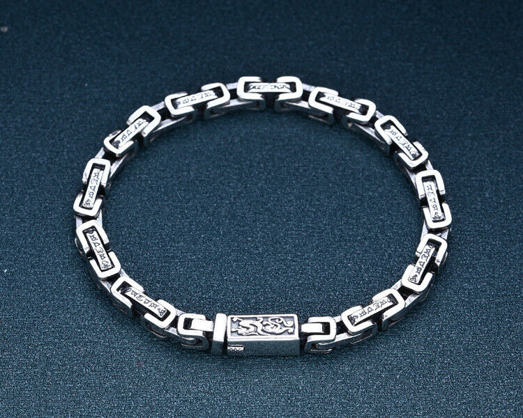 Pure S925 Sterling Silver Vintage Six Word Mantra Amulet Bracelet Bangle Chain