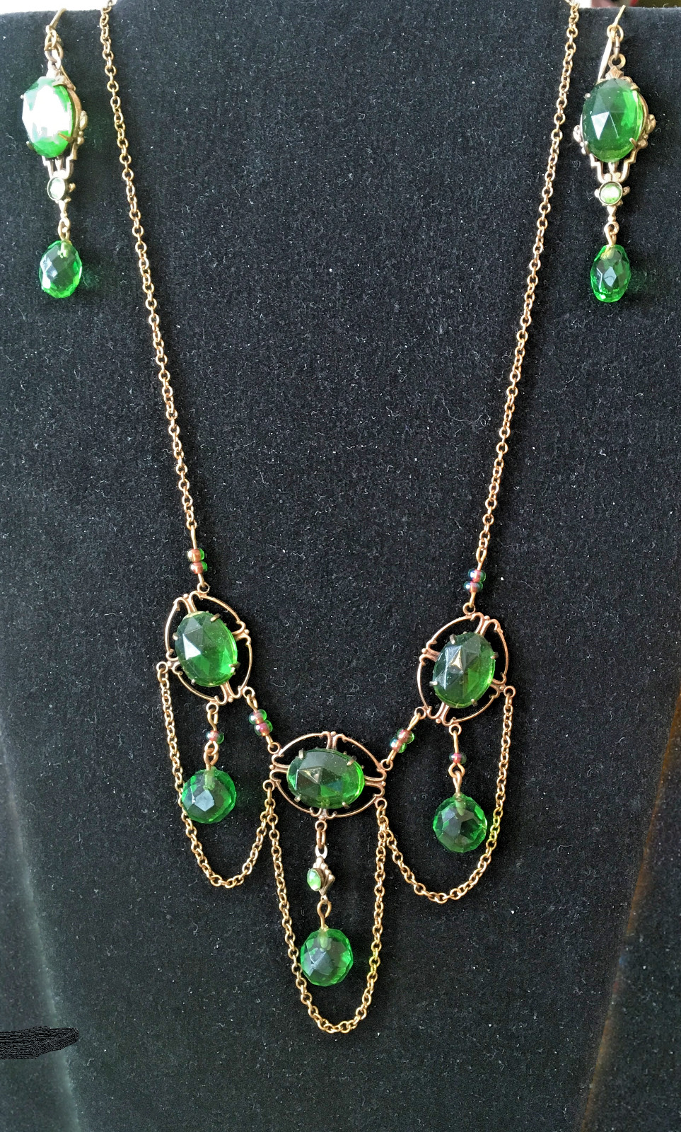 REDUCED Vintage Festoon Gold Filled Necklace Ears Emerald Crystal Stones Swag