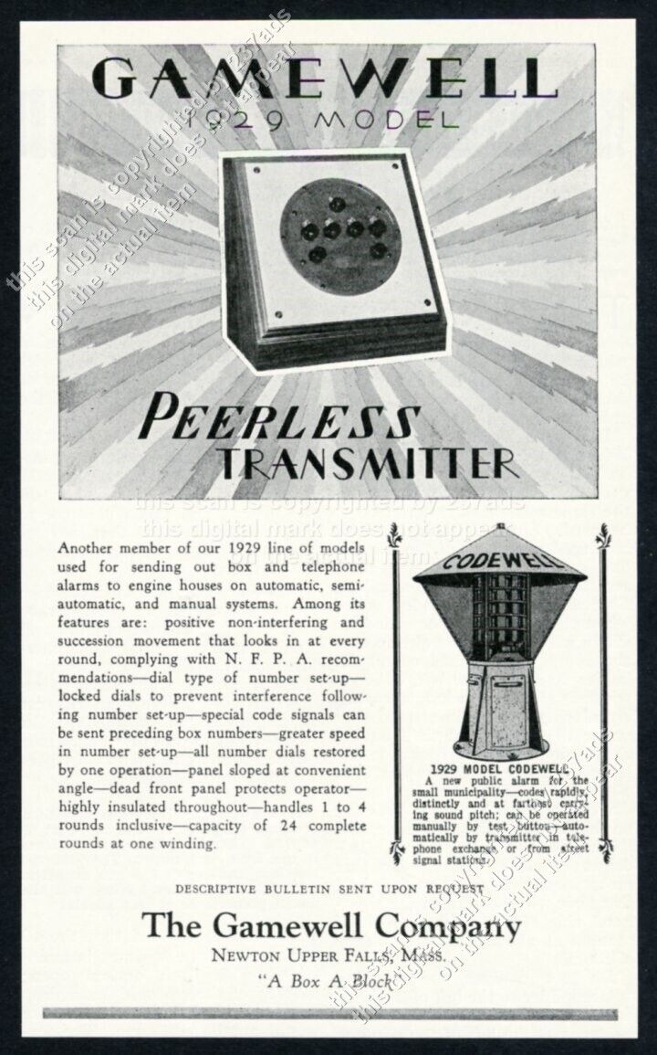 1929 Gamewell Peerless fire alarm transmitter & Codewell siren vintage print ad