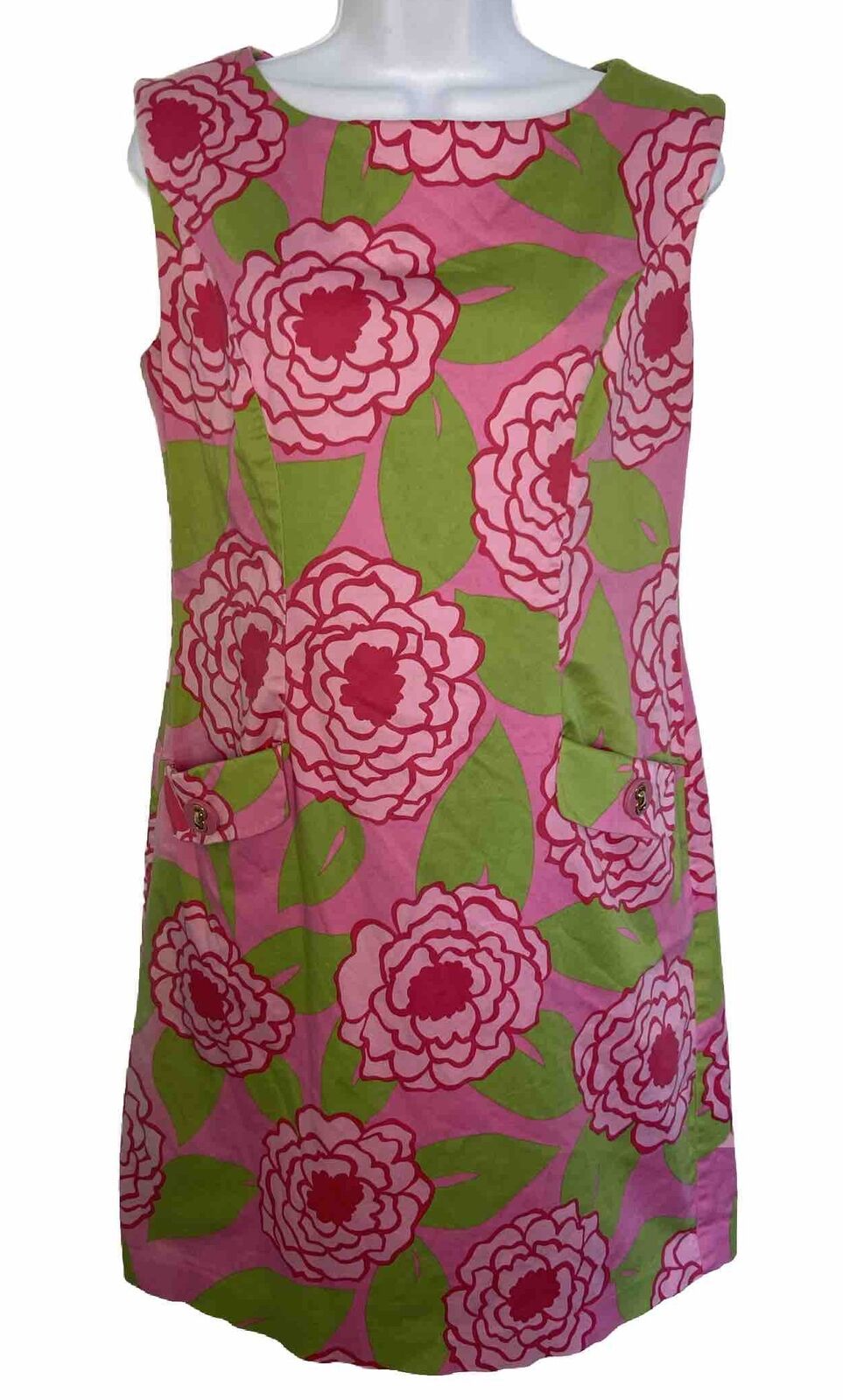 Pink Floral Spring Dress Cotton Retro Floral Sheath Pink Green Size M/L