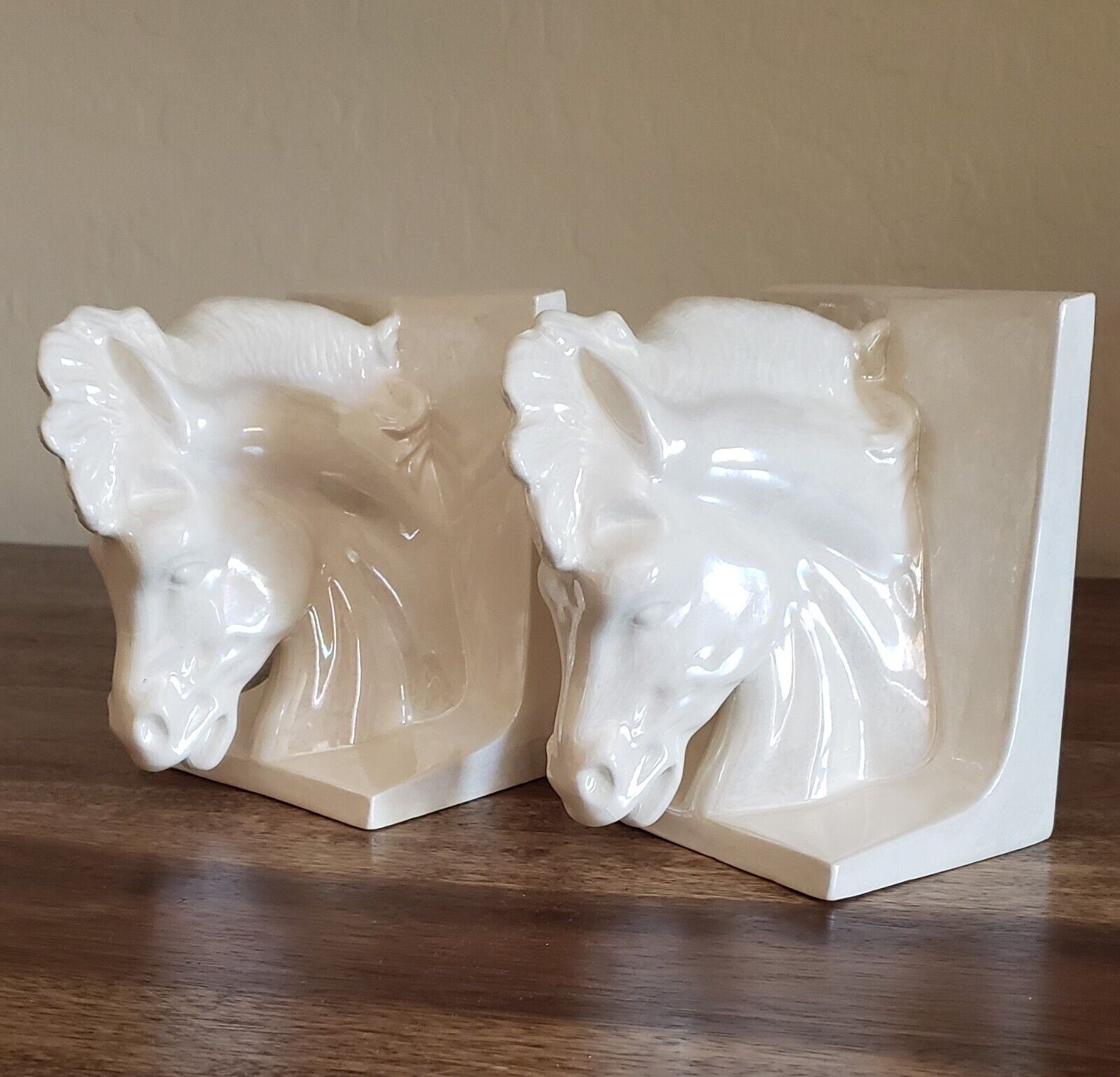 Vintage pair of horse head bookends pearlescent white