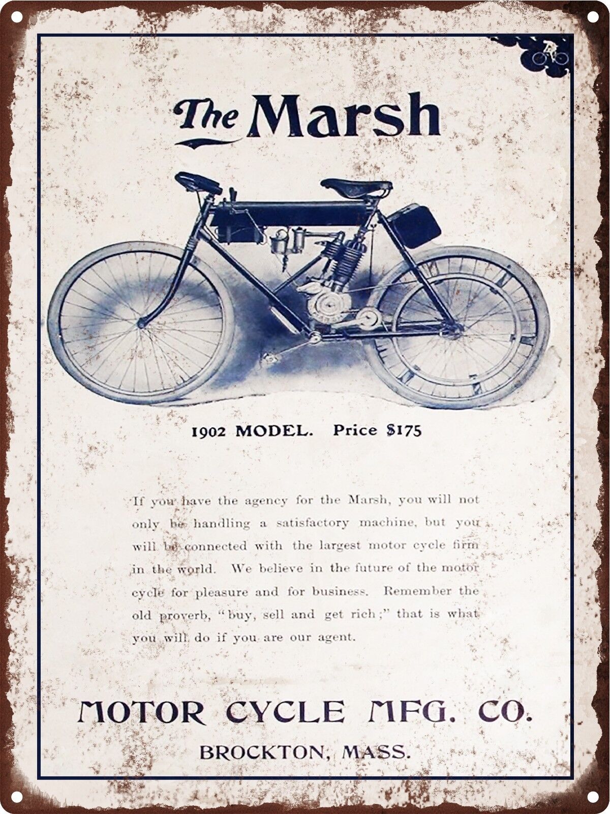 1902 Model The Marsh Motor Cycle Garage Shop Metal Sign Repro 9x12\