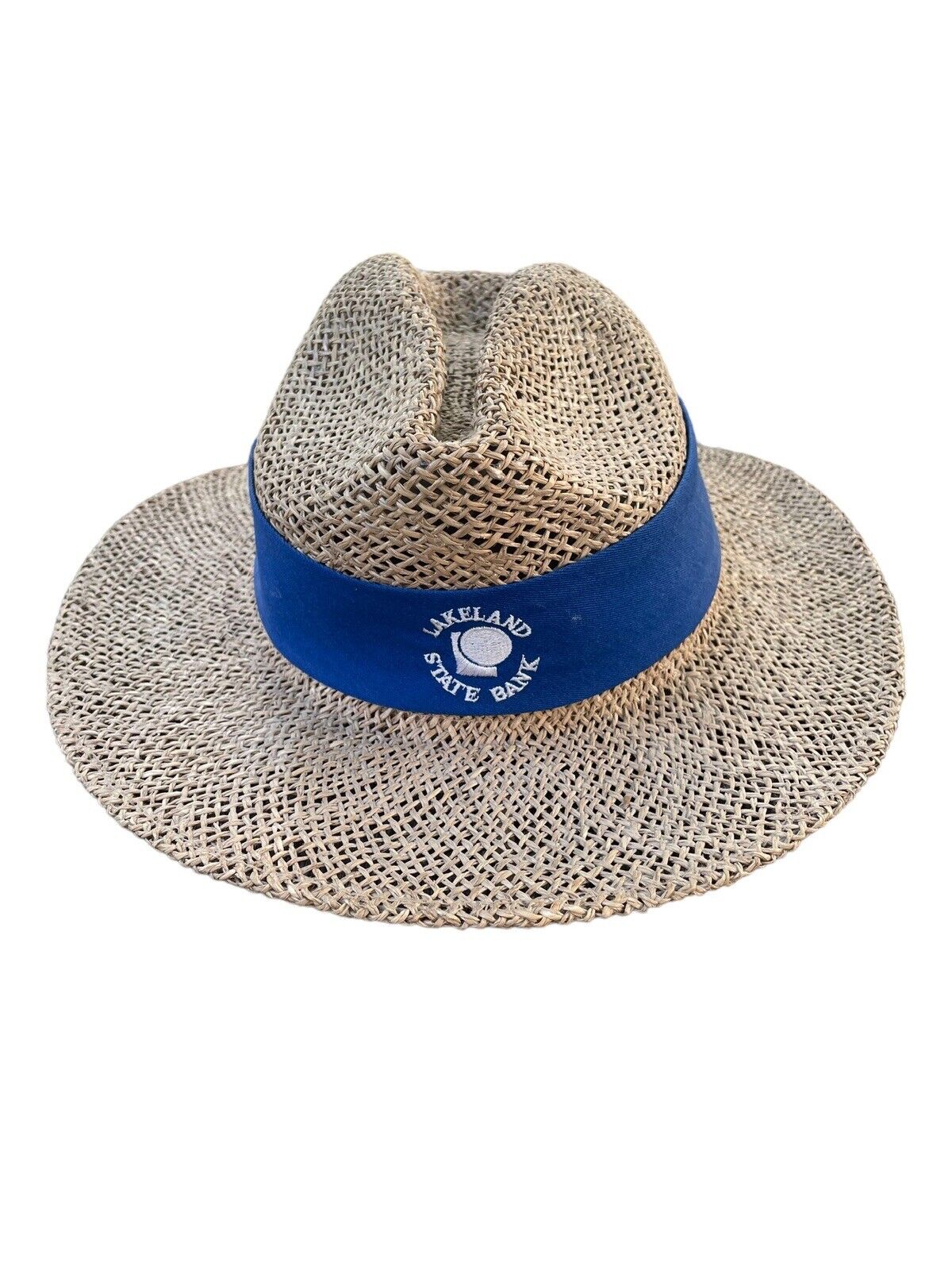 Lakeland State Bank Men\'s Straw Panama Fedora Hat With Blue Band OSFA vintage