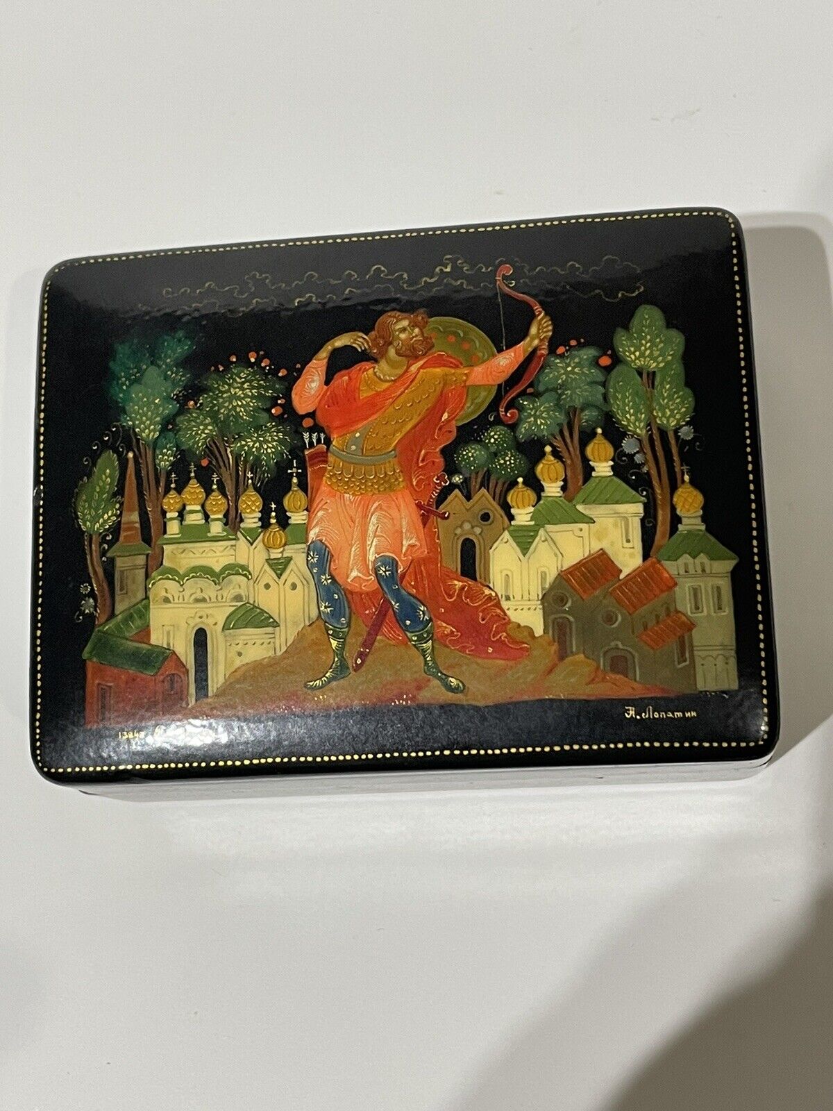 Vintage USSR Russian Lacquer Box Signed & dated King With Bow & Arrow