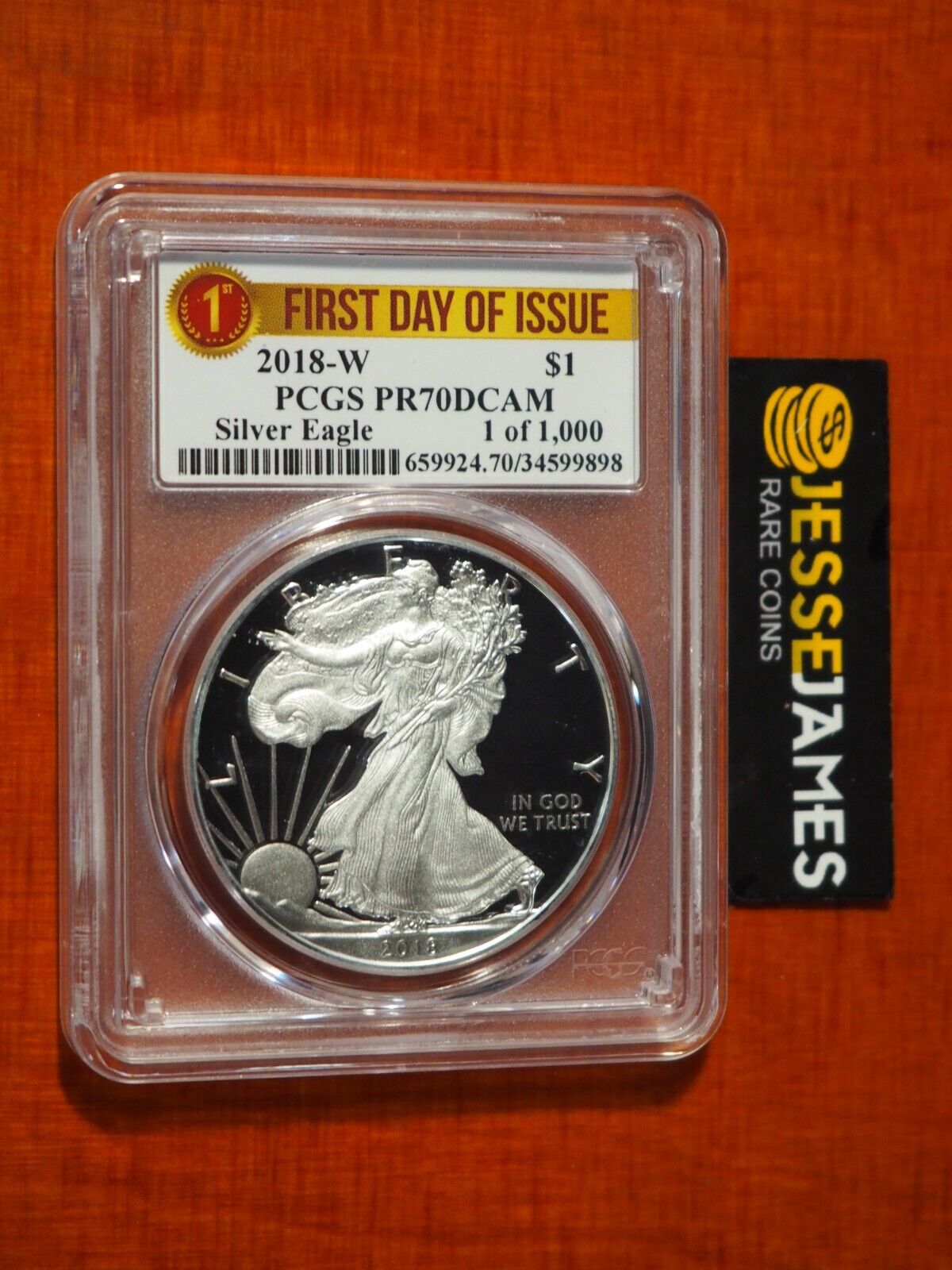 2018 W PROOF SILVER EAGLE PCGS PR70 DCAM FIRST DAY OF ISSUE SILVER RIBBON LABEL