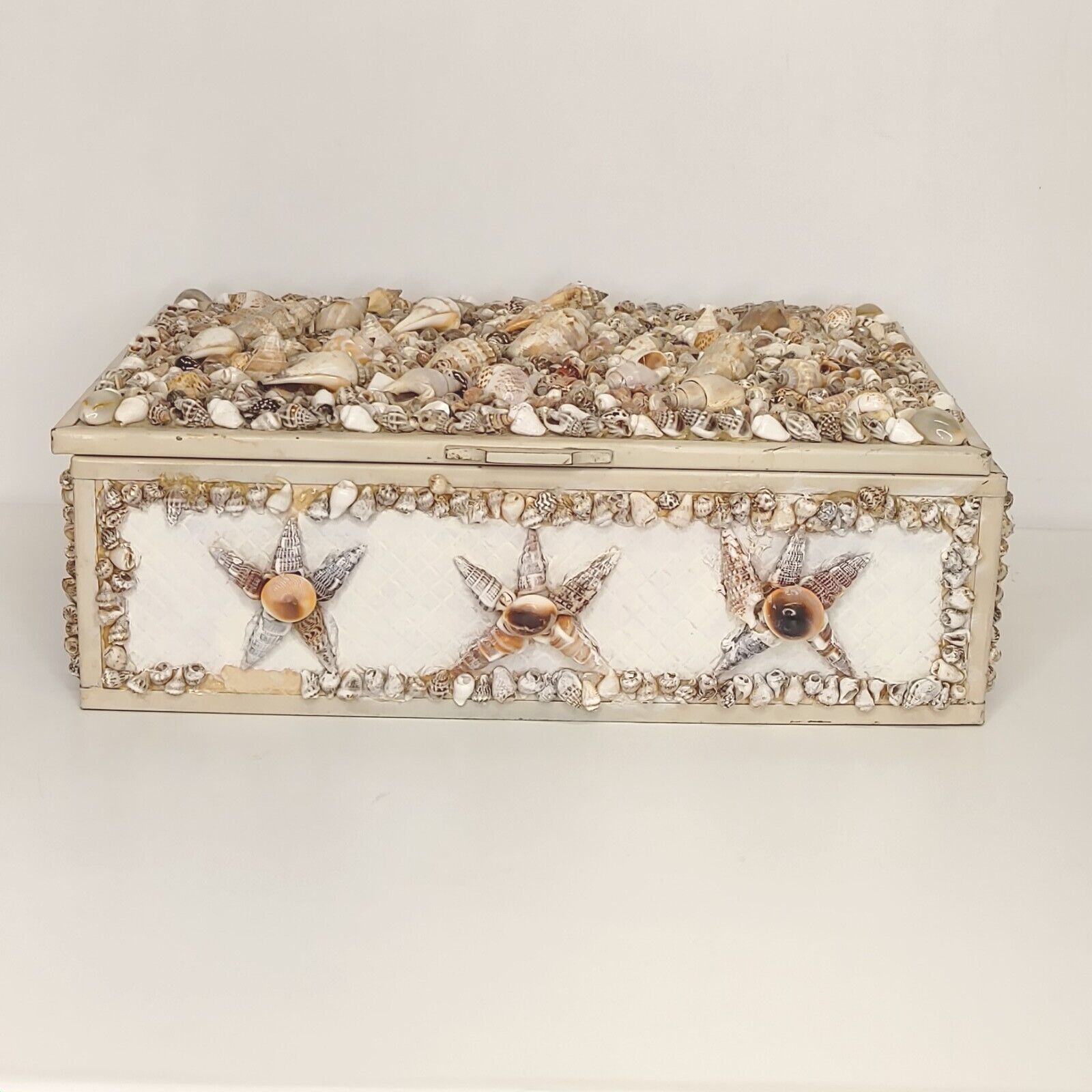 Vintage Seashell Jewelry Trinket Box With Mirror 10 X 6.5\