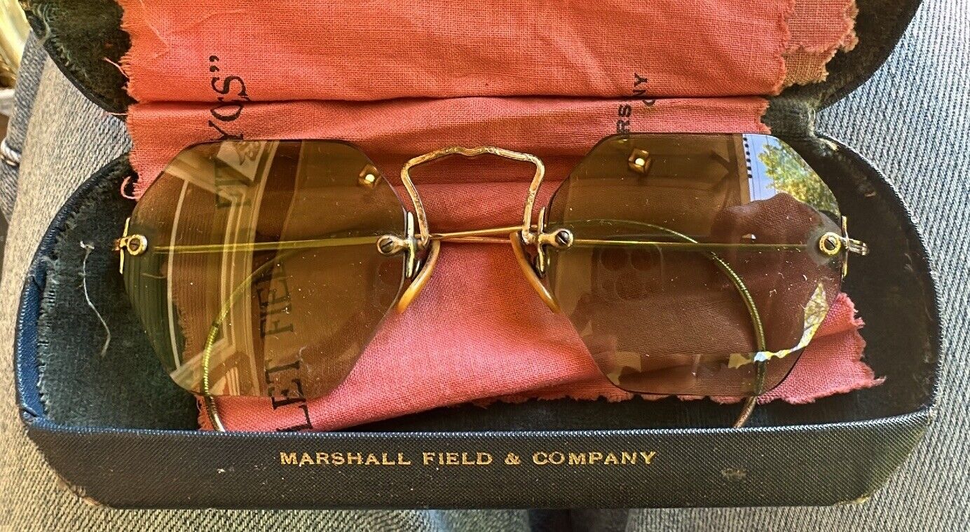 Vintage/Antique Marshall Field & Co Hexagon Sunglasses W/ Original Case & Cloths