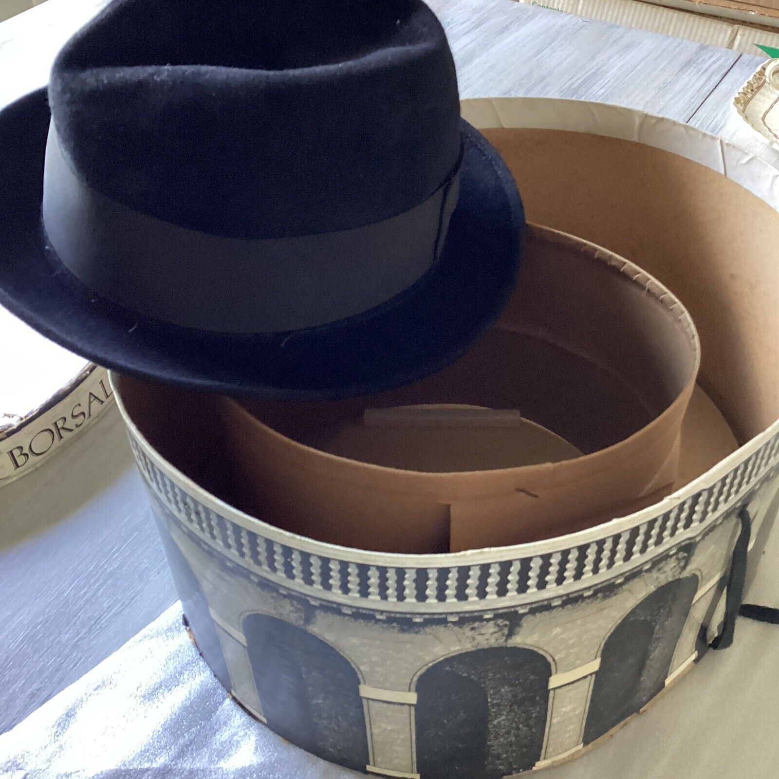  Vintage Champ Kasmir Fedora Hat Black w/ Black trim, w/ Vint. Borsalino Hat Box