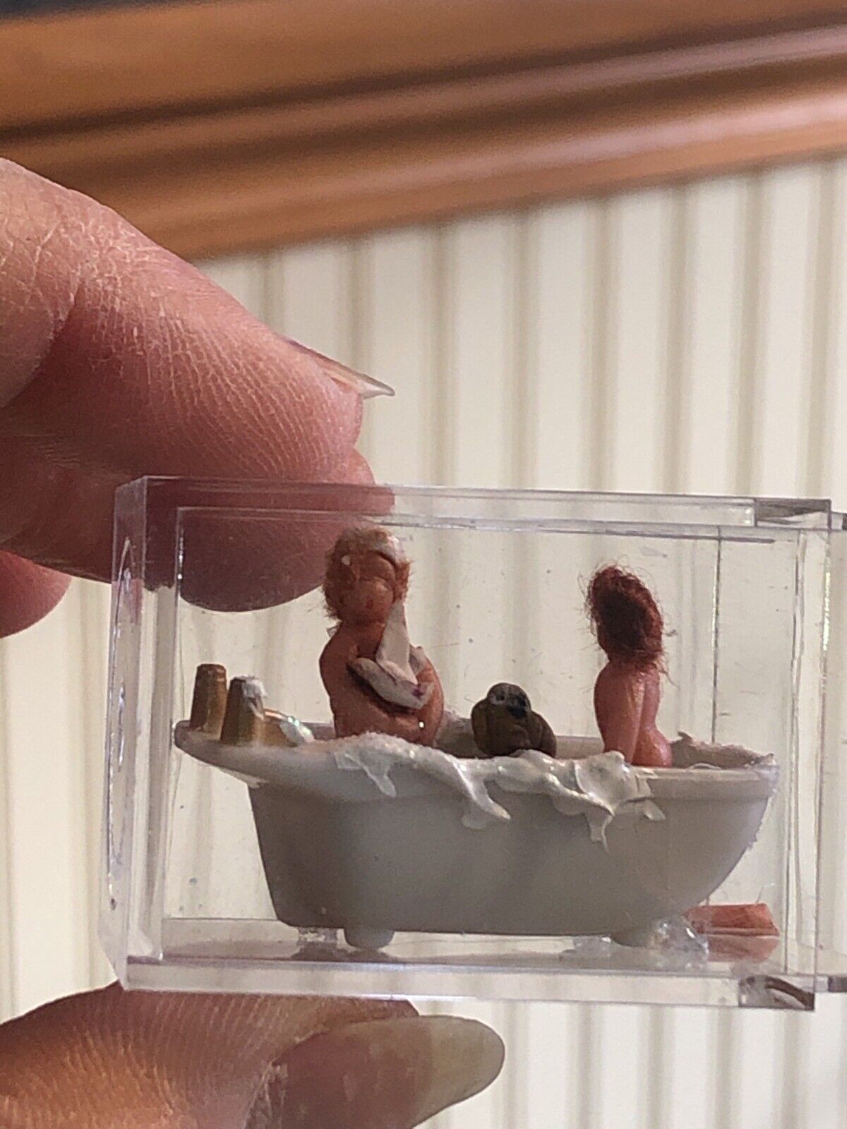 Tiny Dollhouse Miniature Polymer Nude Man + Women In Bathtub With Dog 1.5” Long