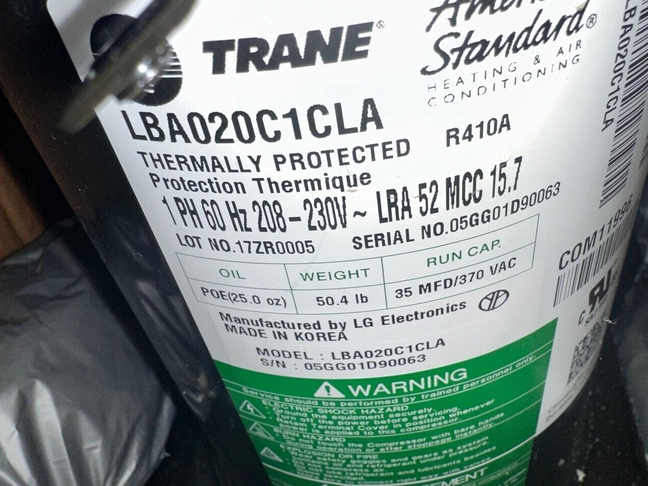 Trane LG COM11966 Compressor SCROLL 208-230/60/1 R410A LBA020C1CLA