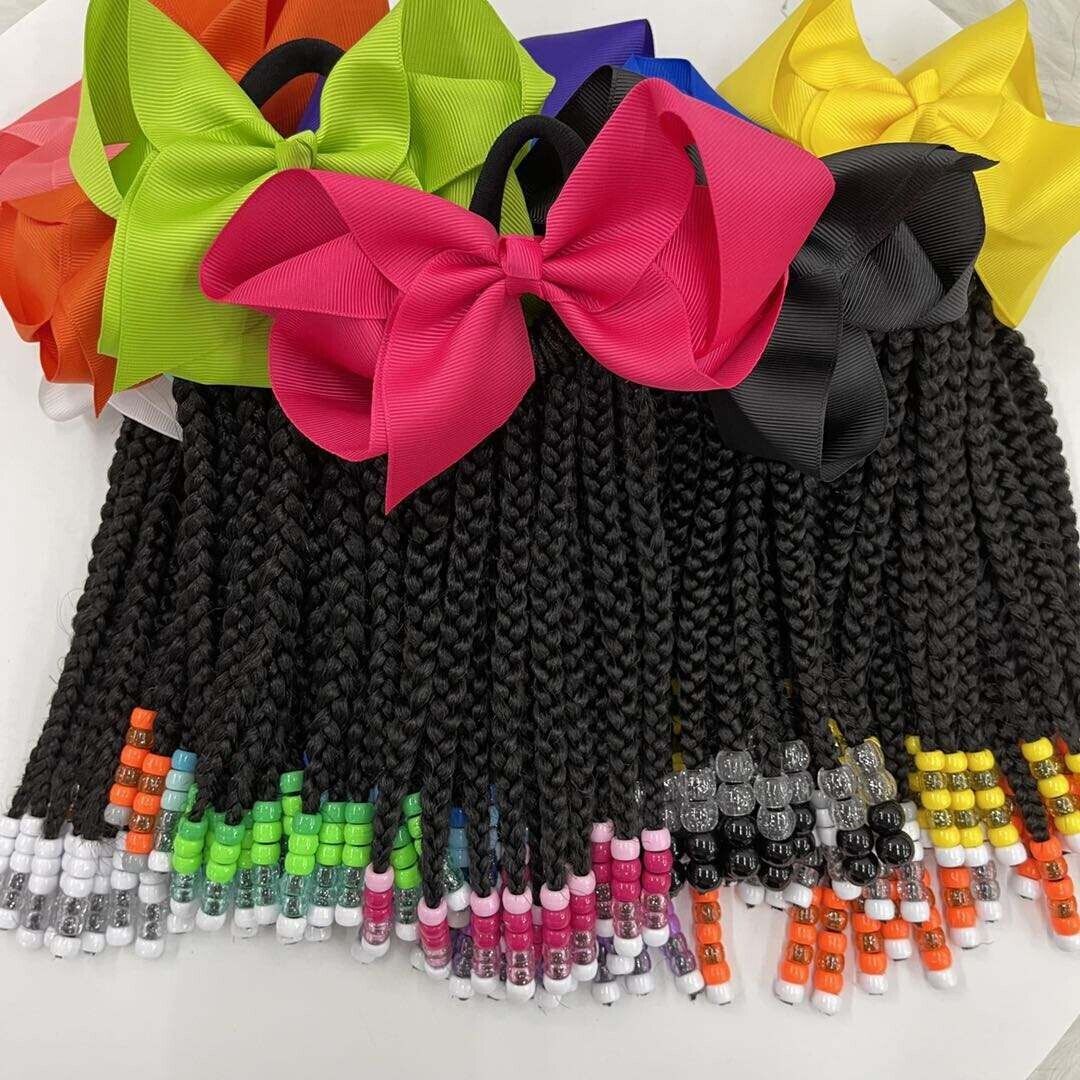Kids braided ponytail hair extension with beads and bow
