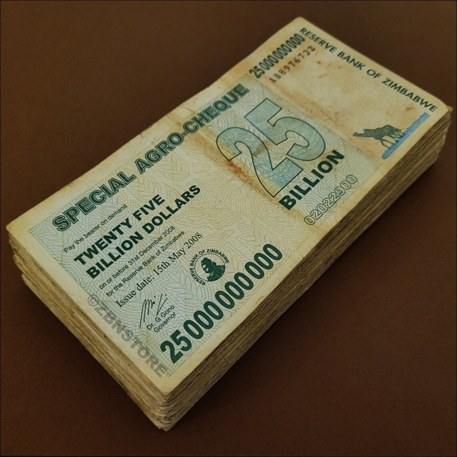 100 x 25 Billion Dollars Zimbabwe Special Agro Cheque 2008 Bundle Authentic COA