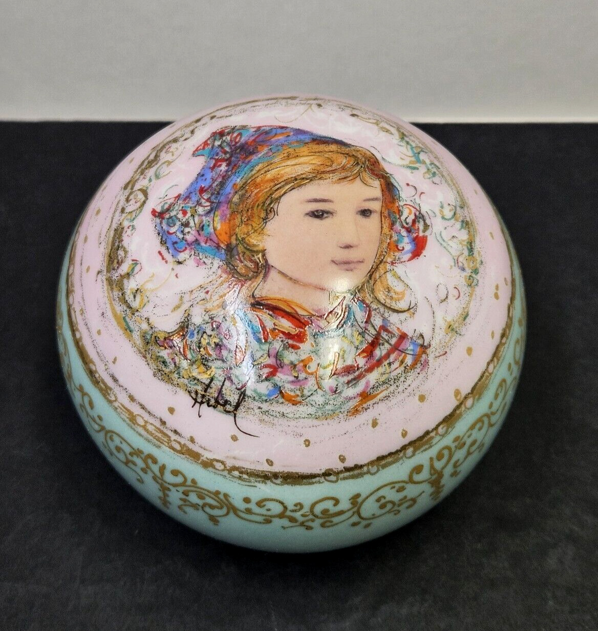 Vintage Edna Hibel Girl Maiden Portrait Porcelain Paperweight Decorative Ball