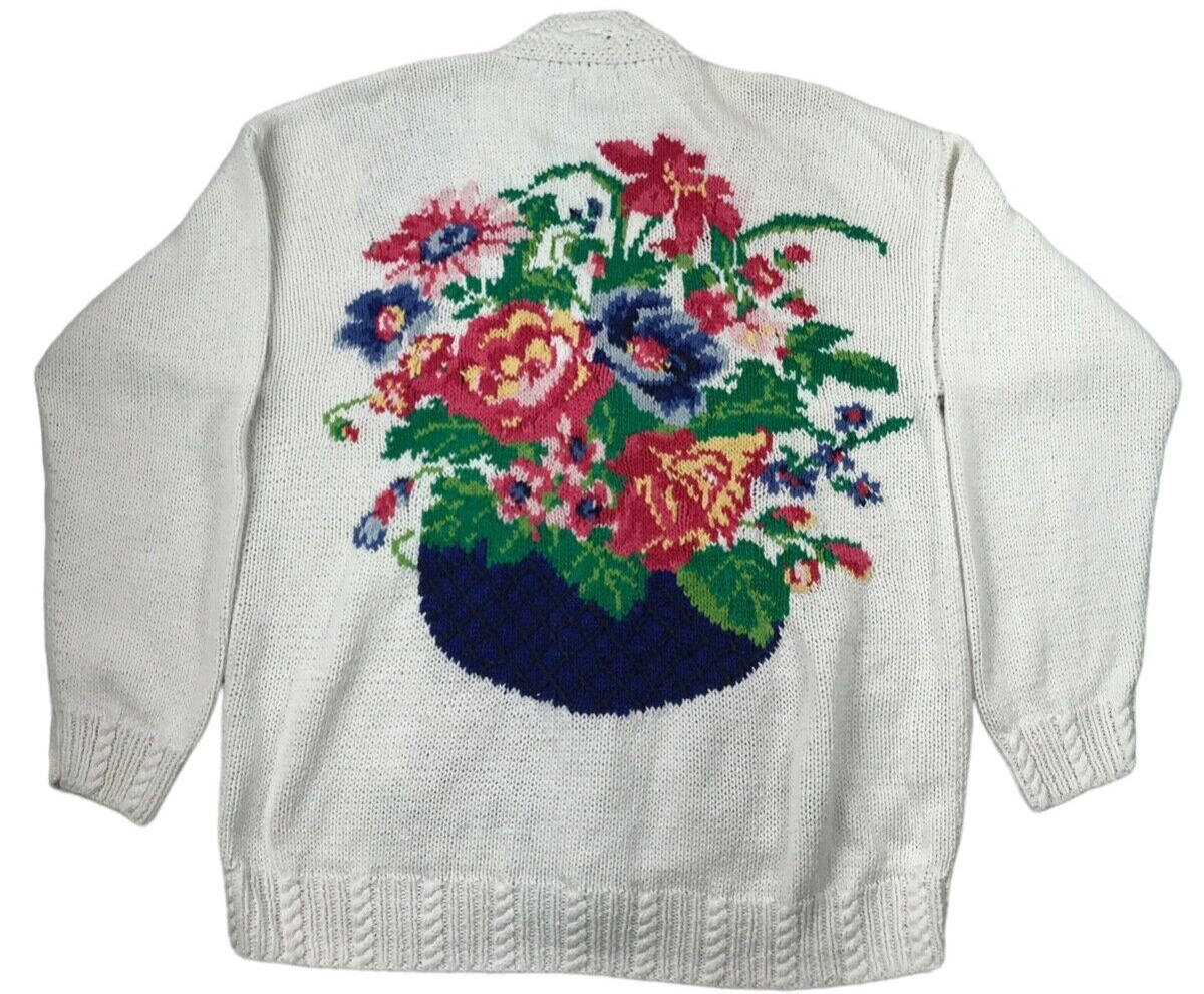 Vintage Hand Knitted Sweater Womens M Cape Isle Knitters White Floral Button Up