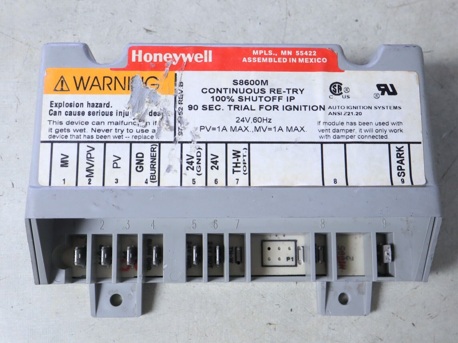 Honeywell S8600M Ignition Control Module Continuous Re-Try 