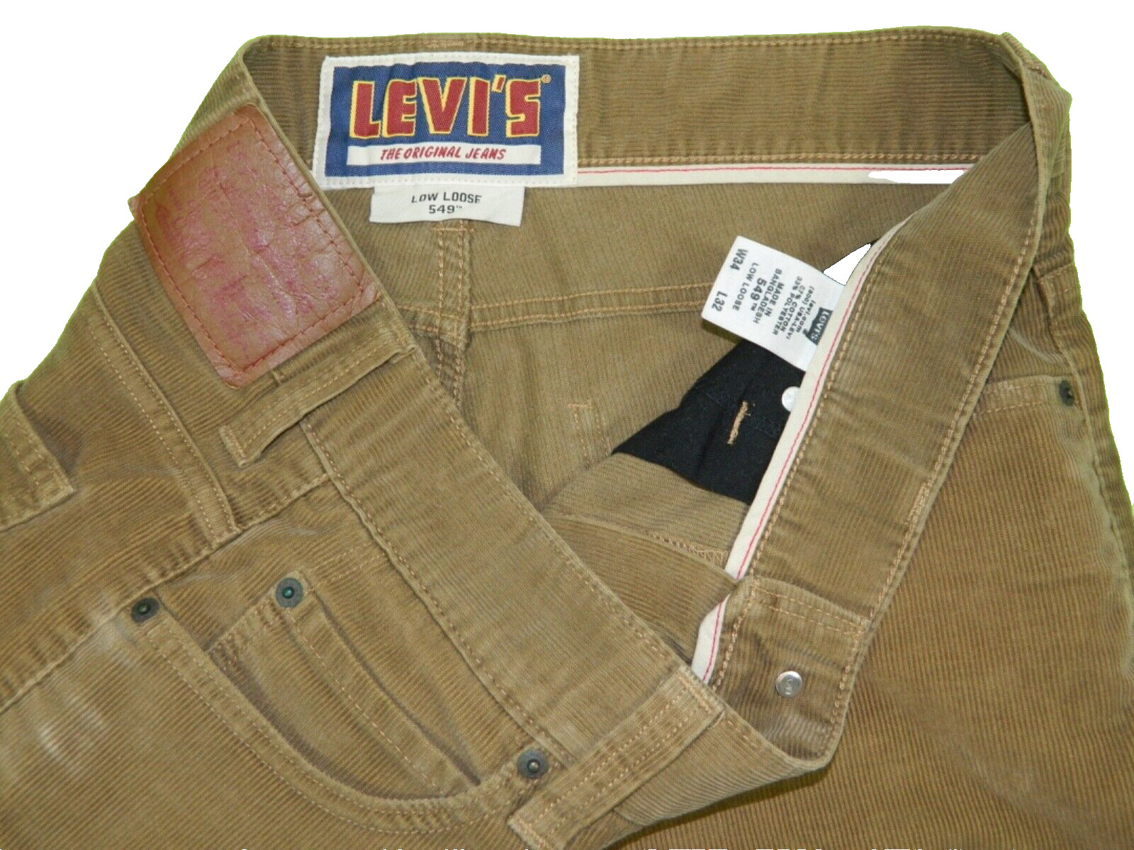 Levi\'s 549 Low Loose Brown Corduroy Jeans Tag & measured Size 34x32 RARE VINTAGE
