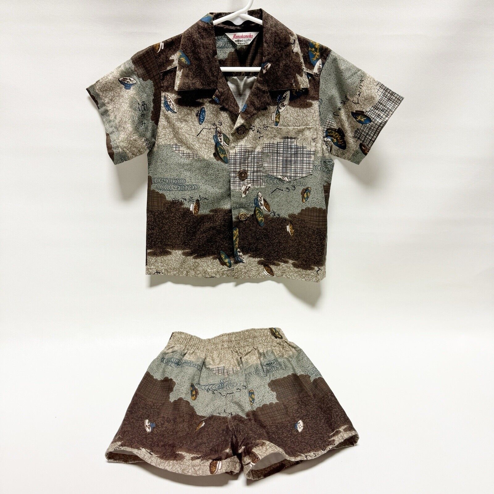 Rare Vintage 1950s Boys Kamehameha Hawaiian 2 Pc Set Shirt Shorts Japanese J3