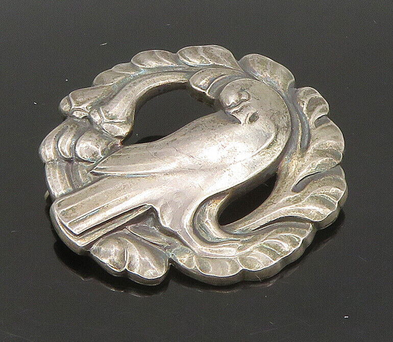 GEORG JENSEN DENMARK 925 Silver - Vintage Dove Bird Round Brooch Pin - BP9240
