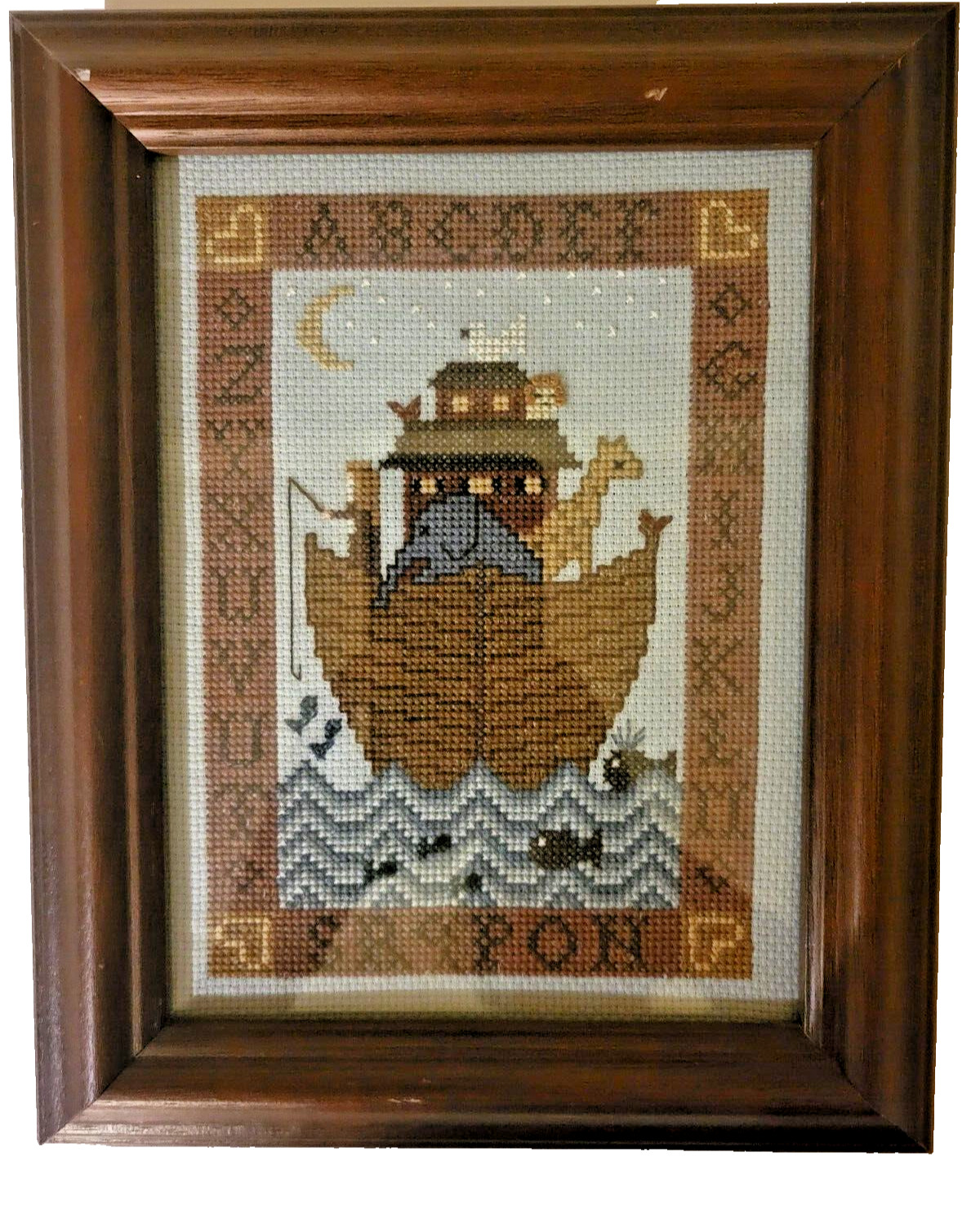 Vintage Noah\'s Ark Framed Handcrafted Finished Counted Cross Stitch 8 x 10 