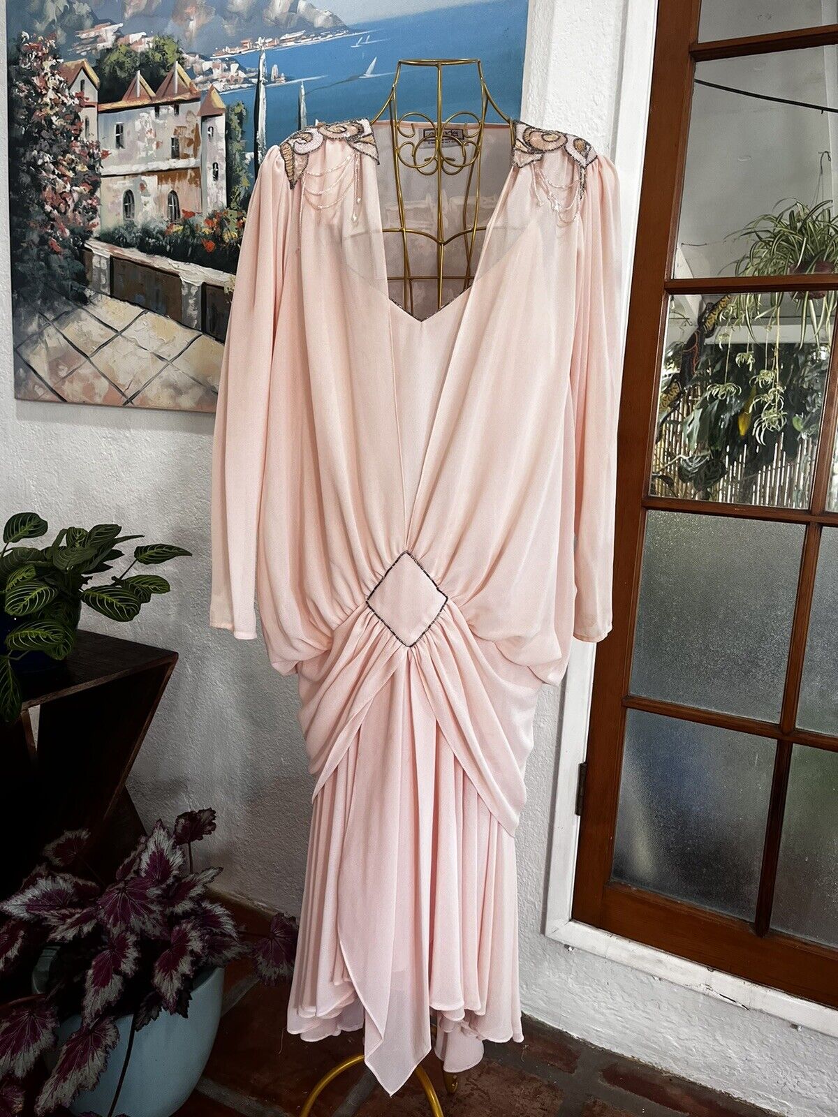 Casadei 1982 Electra Vintage Pink Plunging Neckline Shoulder Beading Dress