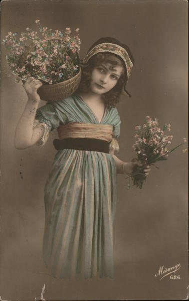 Girls 1916 Girl with Flowers Mesange Levy Fils & Cie Postcard 10c stamp Vintage