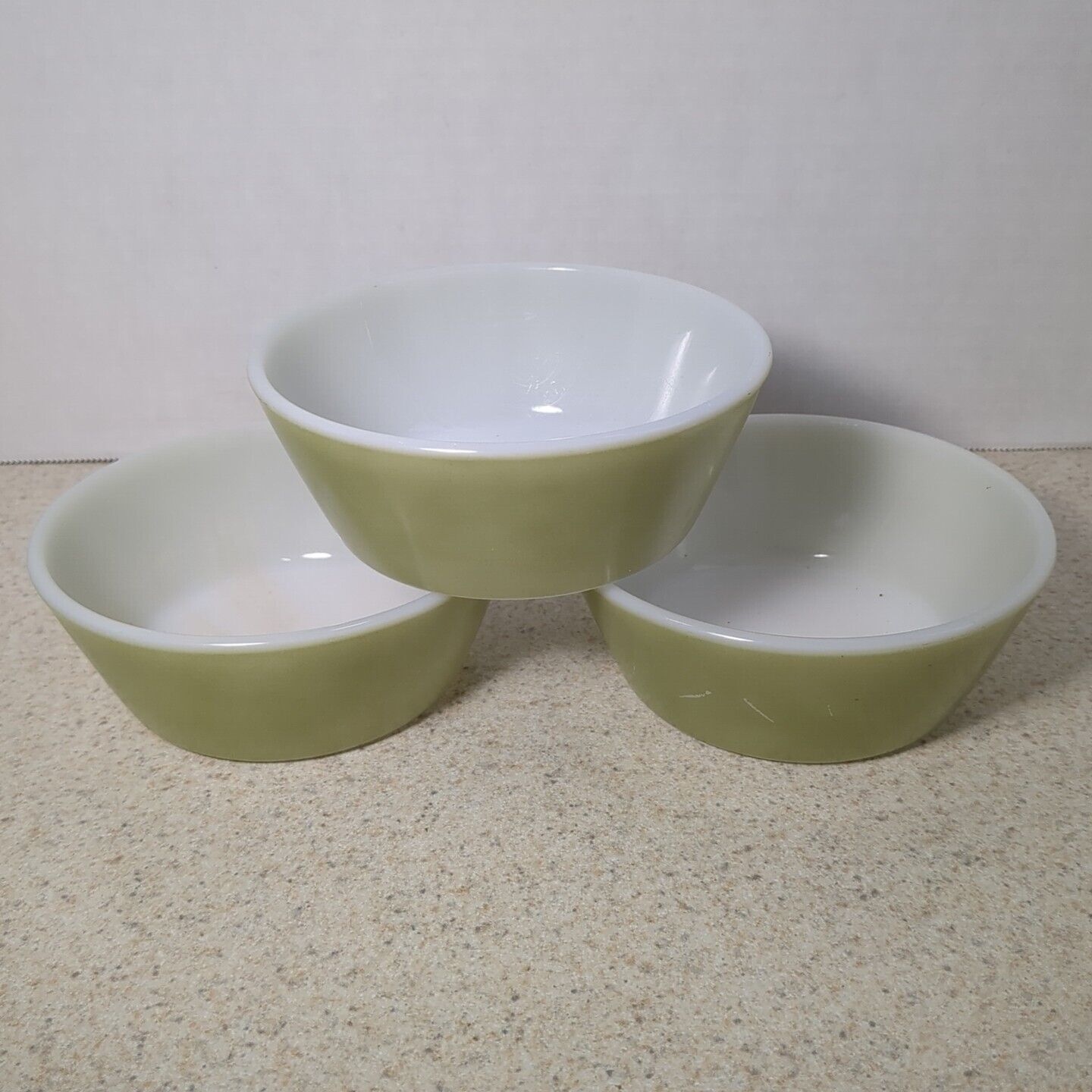 3 Vintage Federal Glass Small Green Bowls 5\