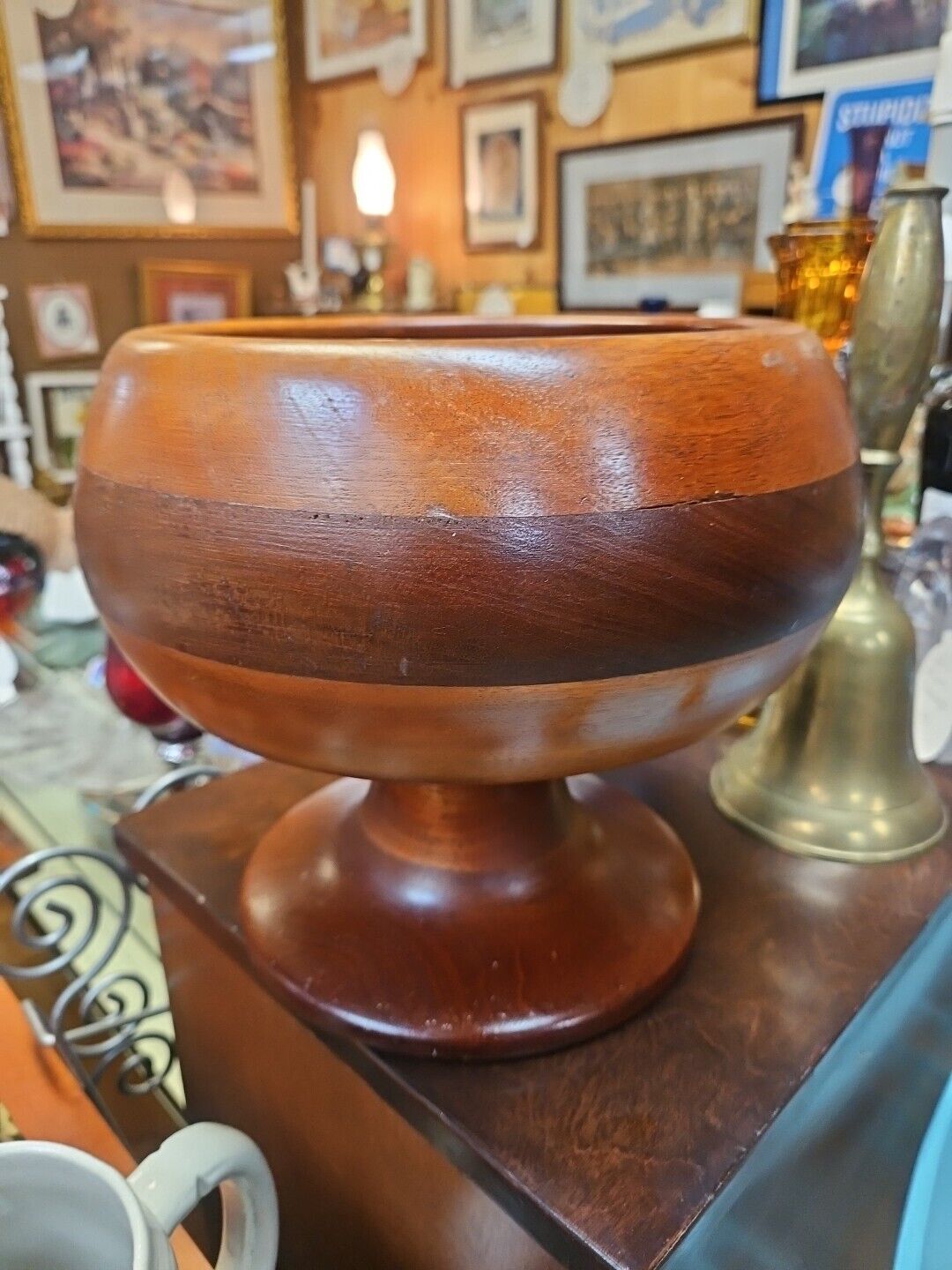 Antique Turned Hardwood Wood Compote Bowl  Pedestal With Wood Fruit