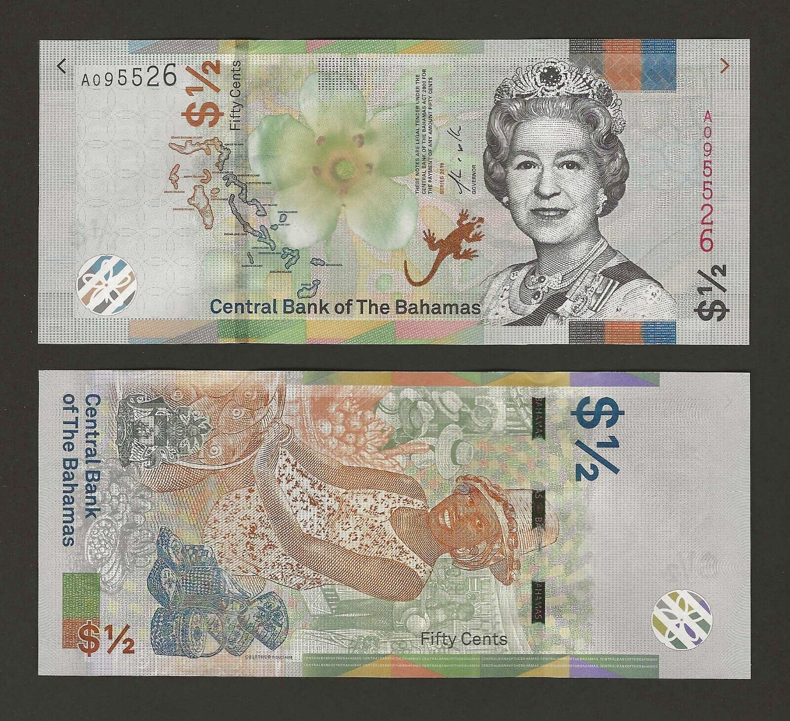 BAHAMAS $1/2 Dollar 50 Cents 2019, P-76Aa, QEII Banknote, Original UNC Grade
