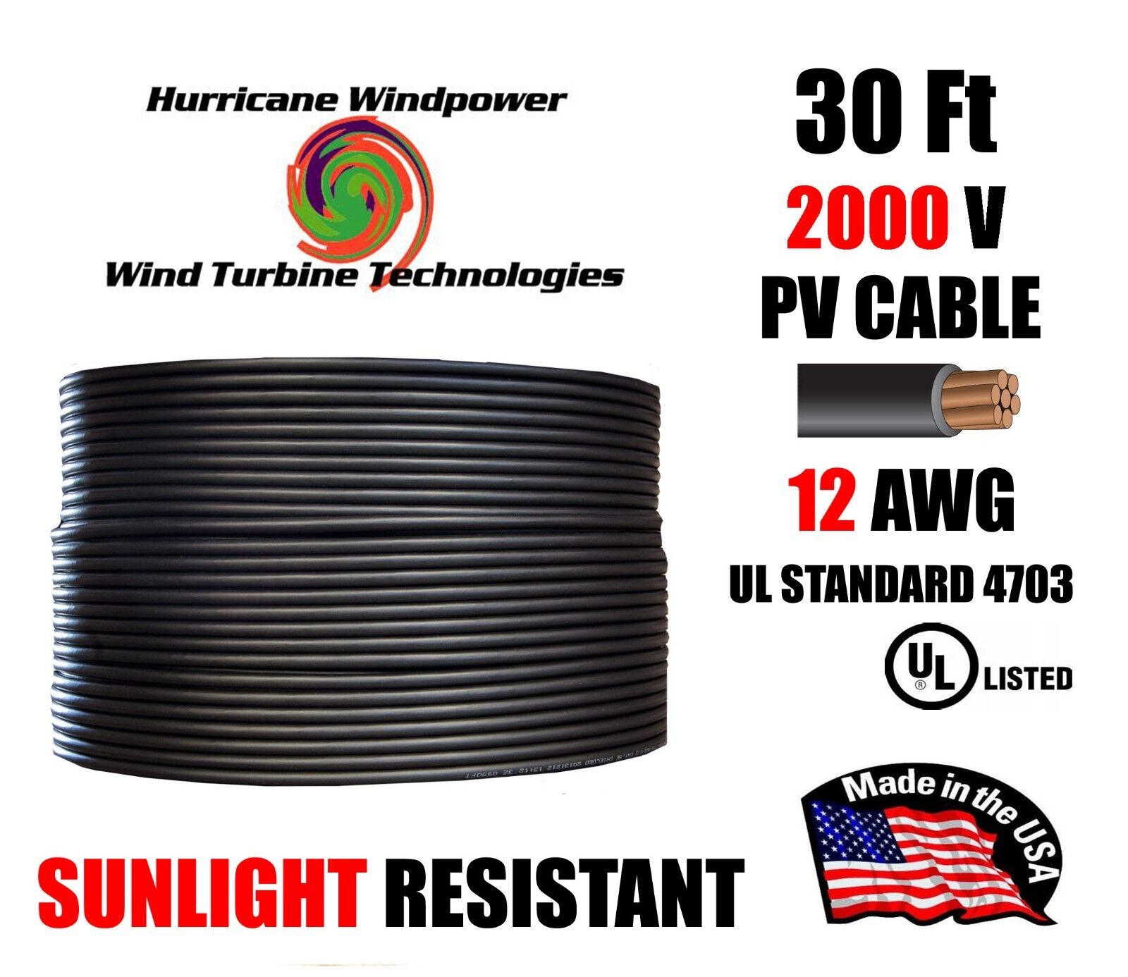 12 AWG Gauge PV Wire 1000/2000 Volt Pre-Cut 15-500 Ft for Solar Installation 