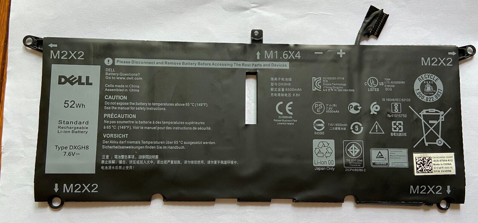 NEW Genuine DXGH8 Laptop Battery For XPS 13 9370 9380 G8VCF 0H754V V48RM 52WH