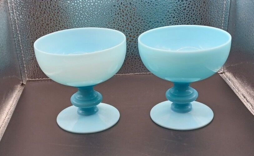 Pair 2 Portieux Vallerysthal Blue Opaline Low Sherbet Champagne Glass