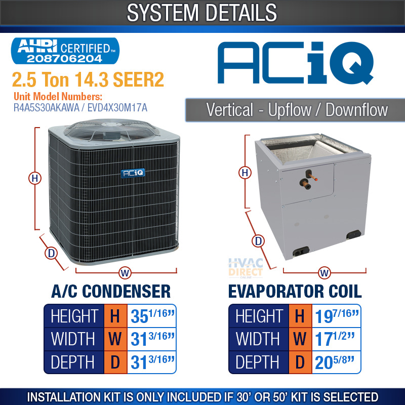 2.5 Ton 14.3 SEER2 ACiQ Split AC Condenser & Coil Central Air Conditioner System