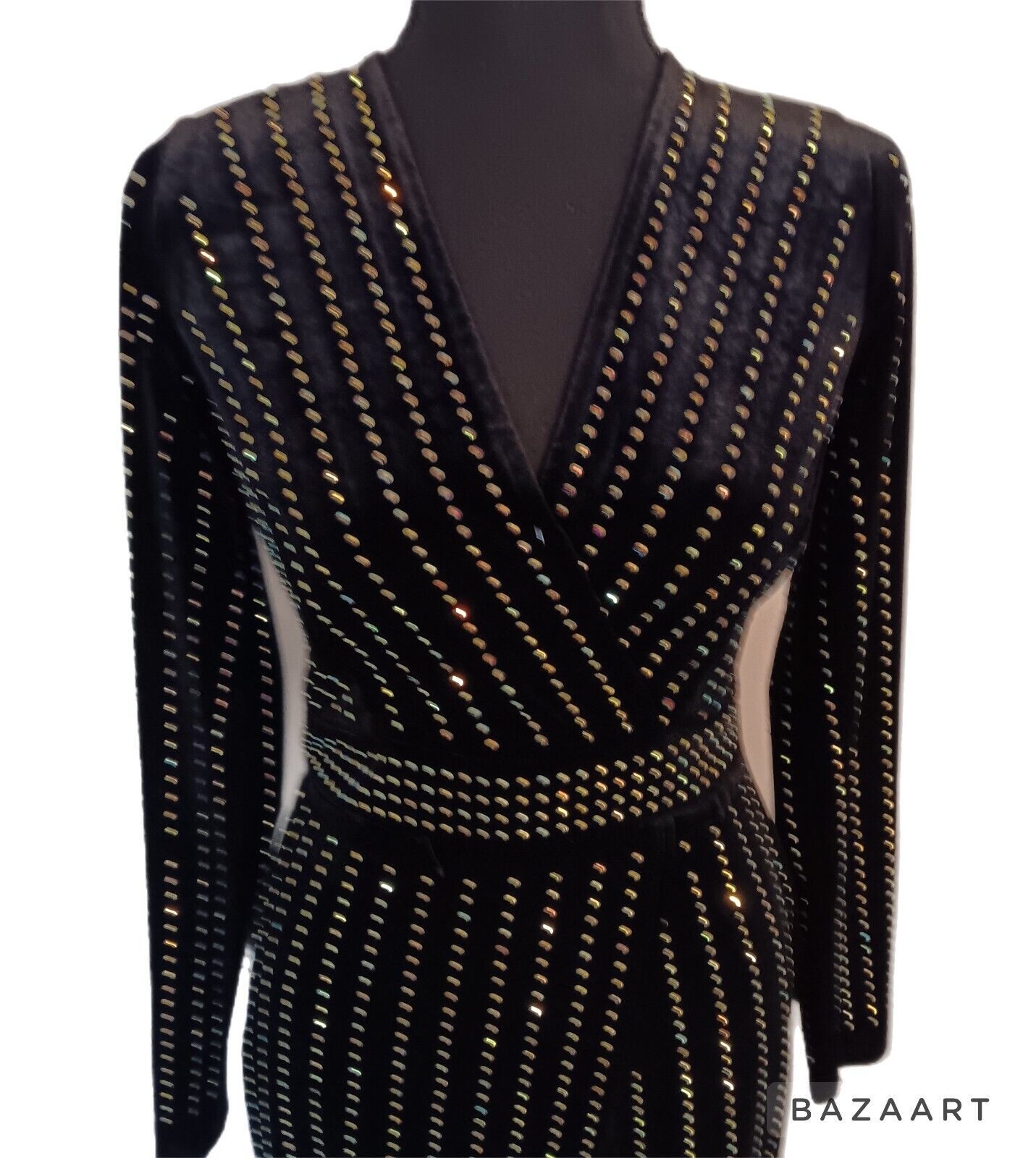 Windsor Black Velvet Iridescent Gold Color Sequin Mock Wrap Coctail Formal Prom