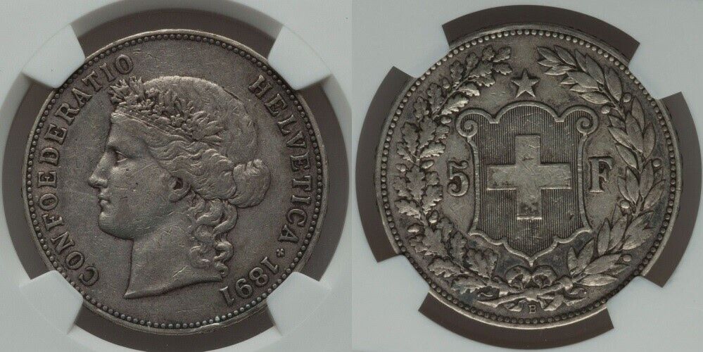 Rare 1891B Large Heavy Silver Coin Swiss Confederation Five Francs NGC VF35