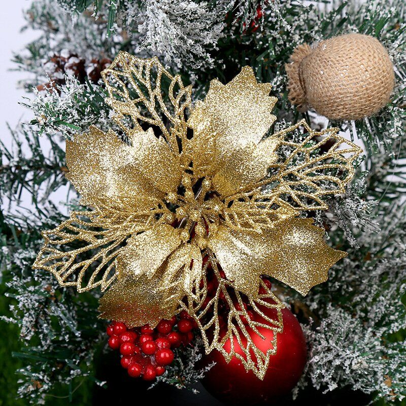1-10pcs Christmas Poinsettia Glitter Flower Tree Hanging Xmas Party Decoration