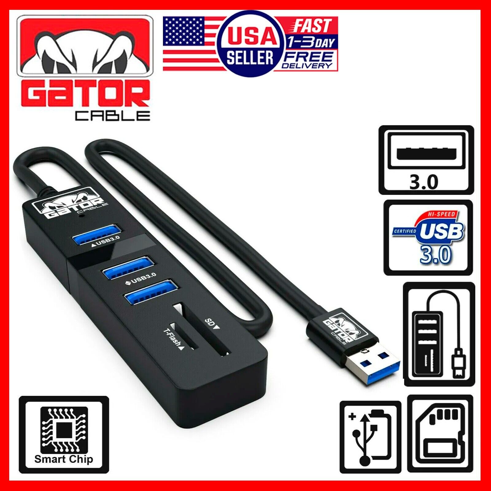 USB 3.0 HUB 3-Port Charger Data Sync SD TF Card Reader for PC Mac Laptop Desktop