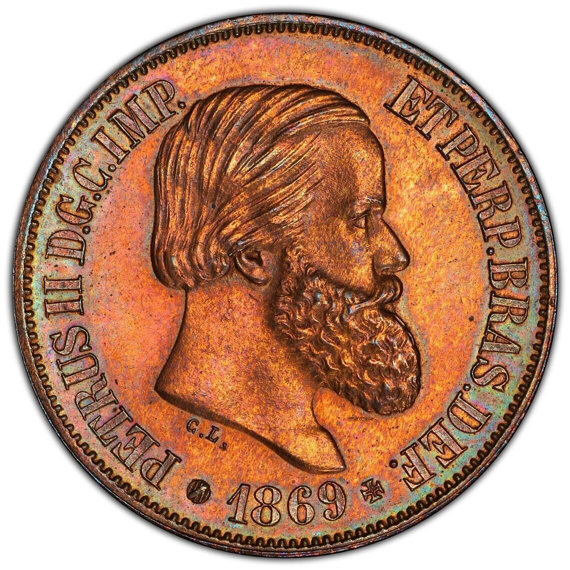 1869 ~ Brazil ~ Bronze 20 Reis ~ PCGS ~ UNC Detail ~ Magnificently Toned ~$98.88