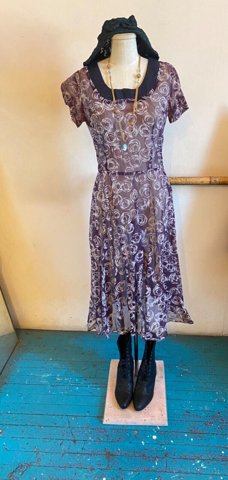 Vintage 1950\'s Sheer Blue Chiffon Dress With White Flocked Abstract Print