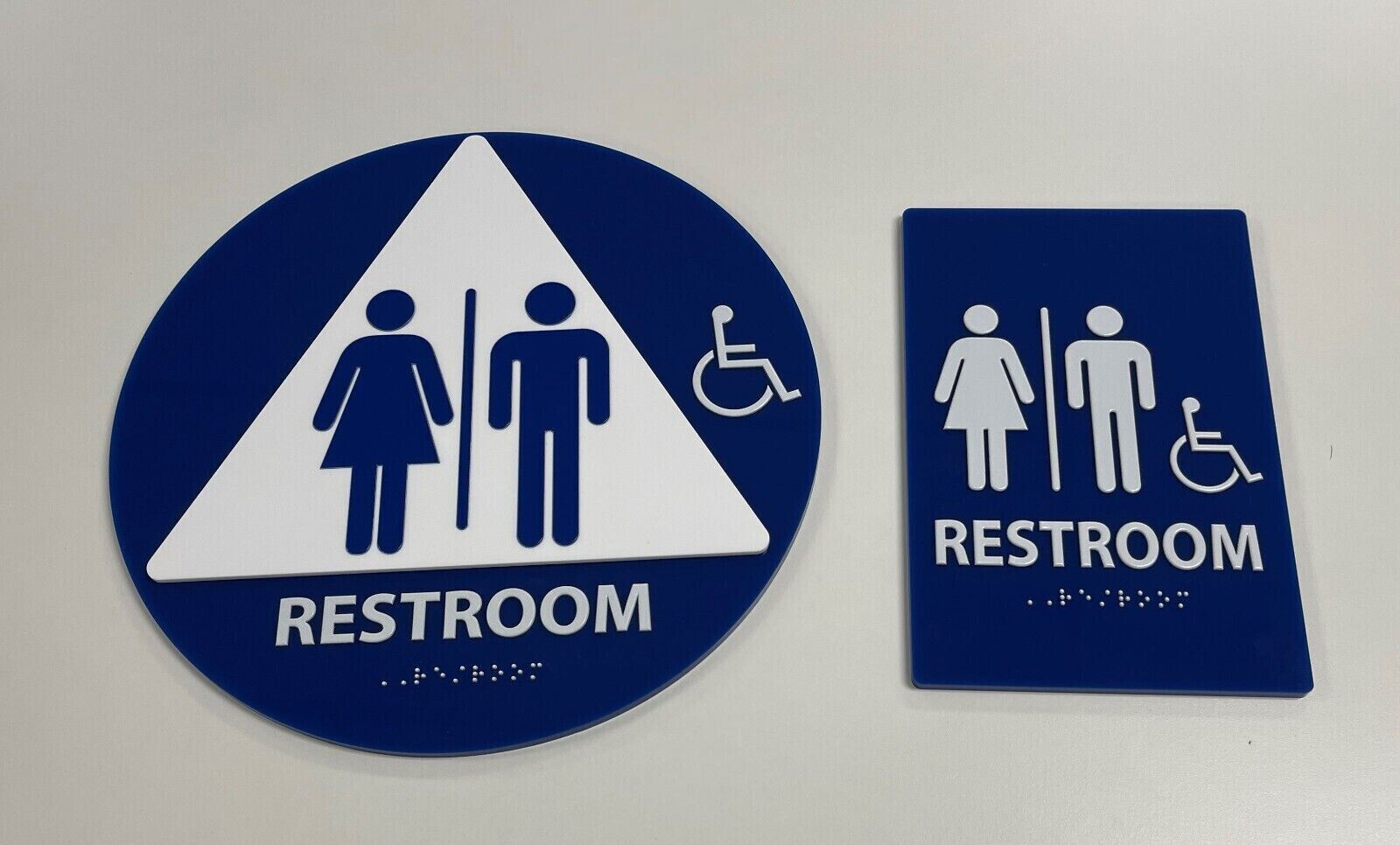 Acrylic Restroom Blue Sign Set (Round + Rectangular), ADA Compliant & Braille