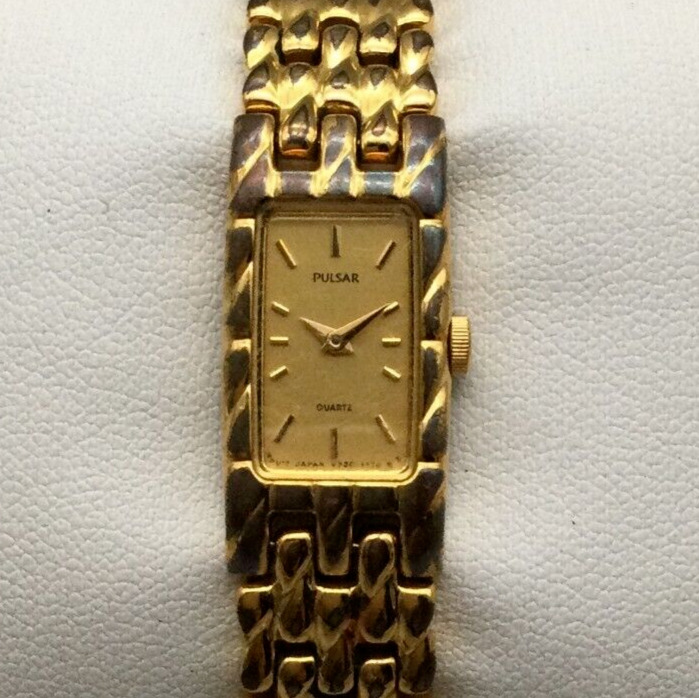 Vintage Pulsar Watch Women Gold Tone Rectangle Dial V220-6060 New Battery 6\